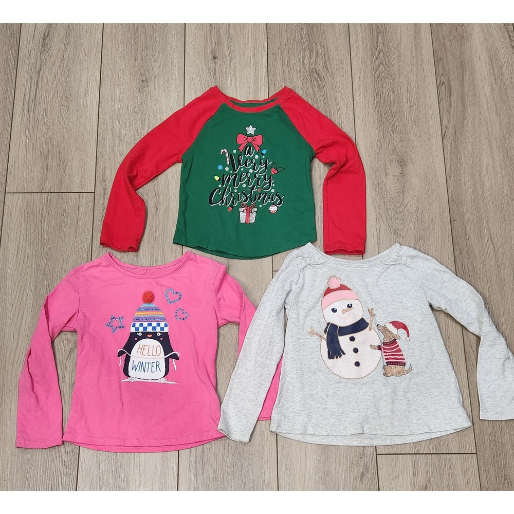 Girls Christmas Winter Long Sleeve Christmas Shirt Lot 3pc Holiday Size 4/5